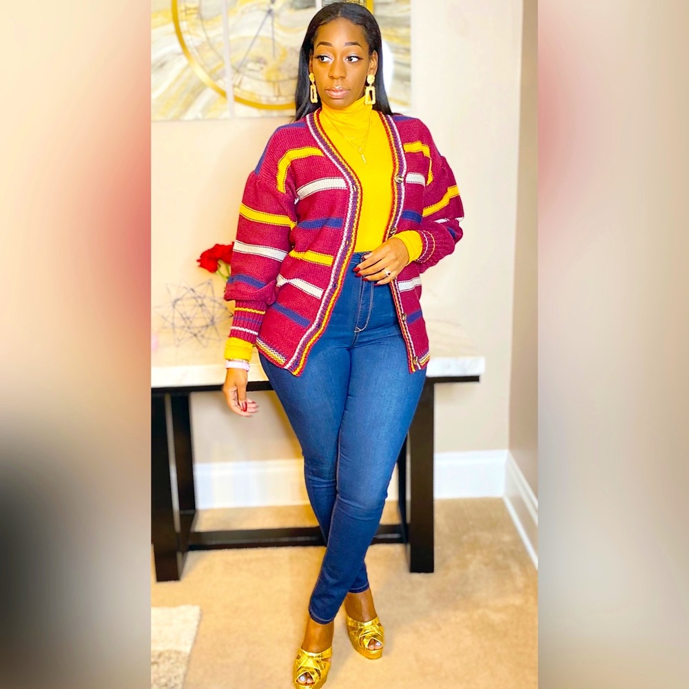 Striped puff sleeve cardigan sweater